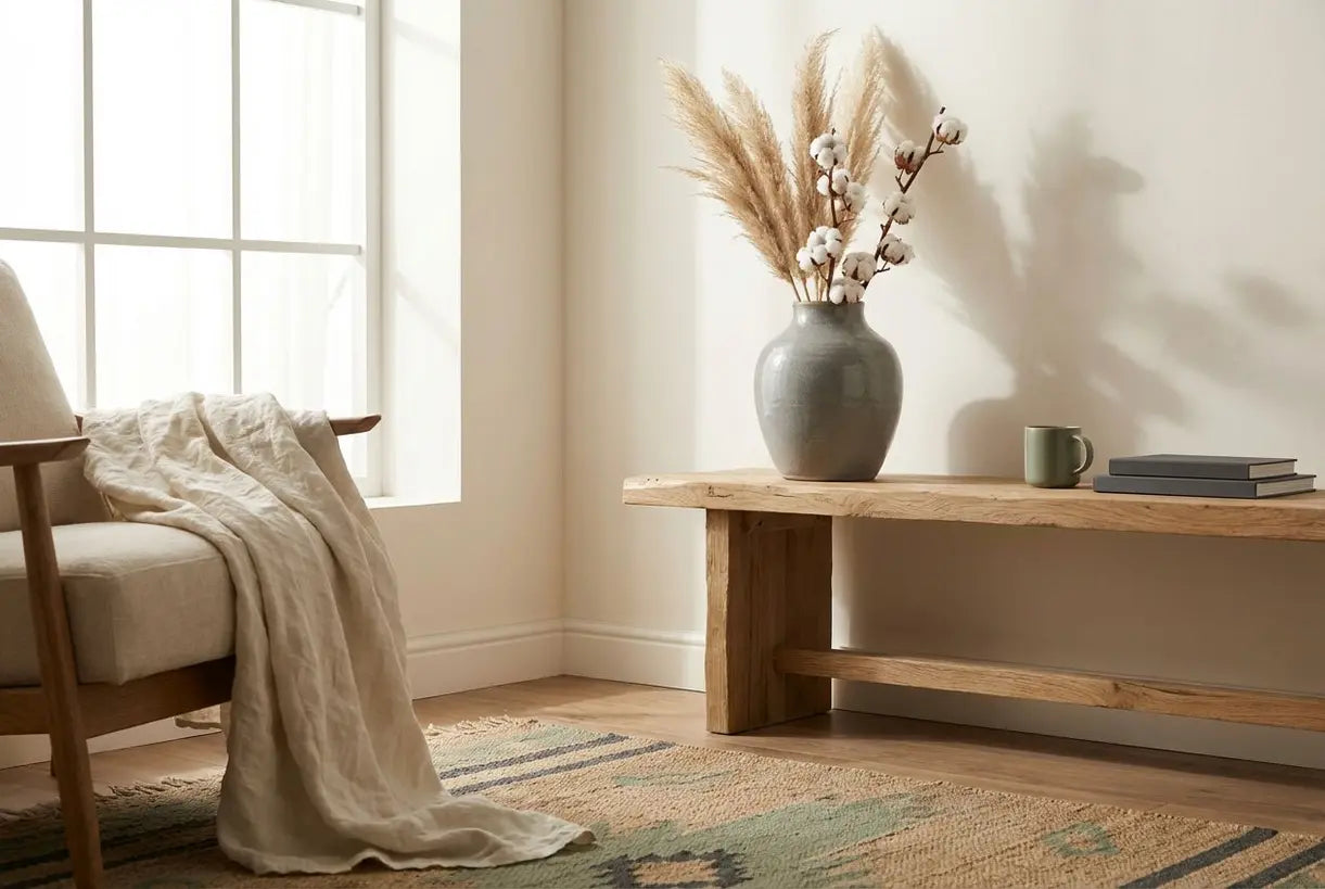 Scandinavisch interieur gestyled met een grijze keramische vaas en droogbloemen op een houten plank