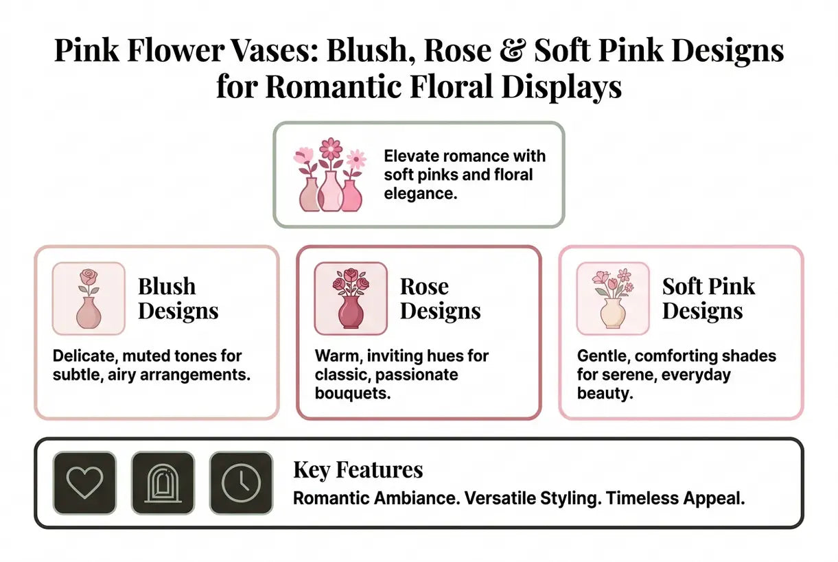 Roze bloemenvazen: ontwerpen in poederroze, rozé en zacht roze voor romantische bloemstukken - infographic