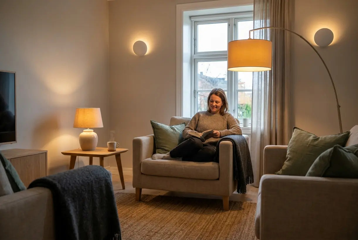 Cozy Scandinavian living room with layered ambient lighting floor lamp and table lamp creating warm atmosphere