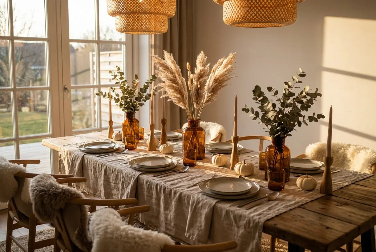 Scandinavian-inspired Thanksgiving dining table with warm pendant lighting and natural decor