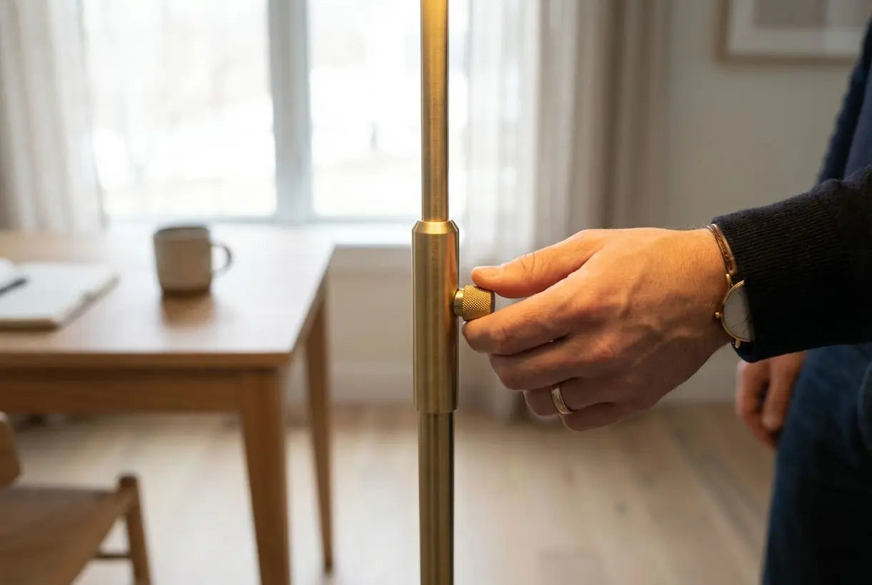 Handen aan de dimmer van een messing vloerlamp in een moderne thuiswerkplek