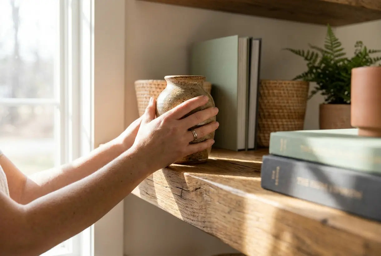 Hands styling a ceramic vase on home decoration shelves with natural light