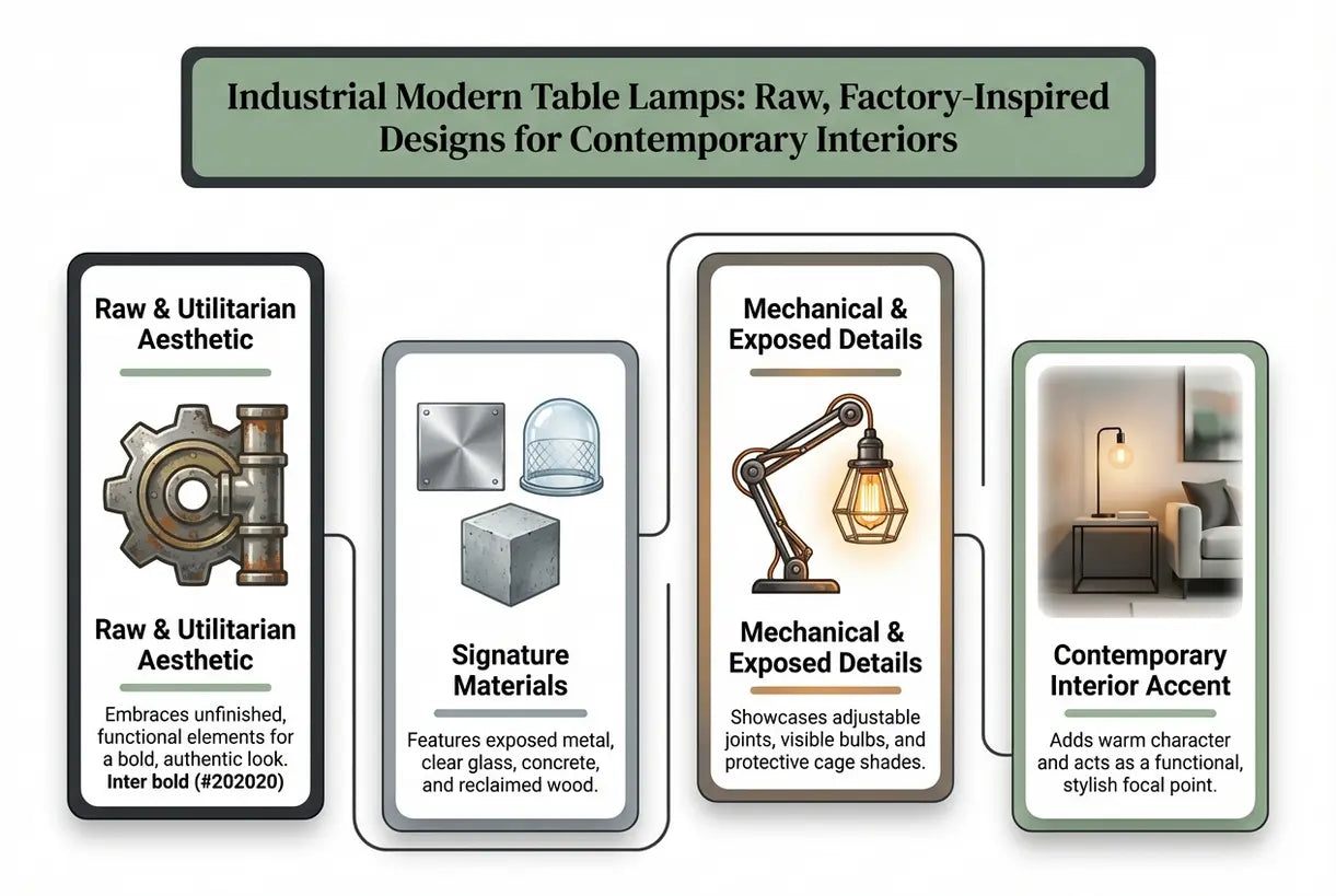Moderne industriële tafellampen: rauwe, fabrieksgeïnspireerde ontwerpen voor hedendaagse interieurs - infographic