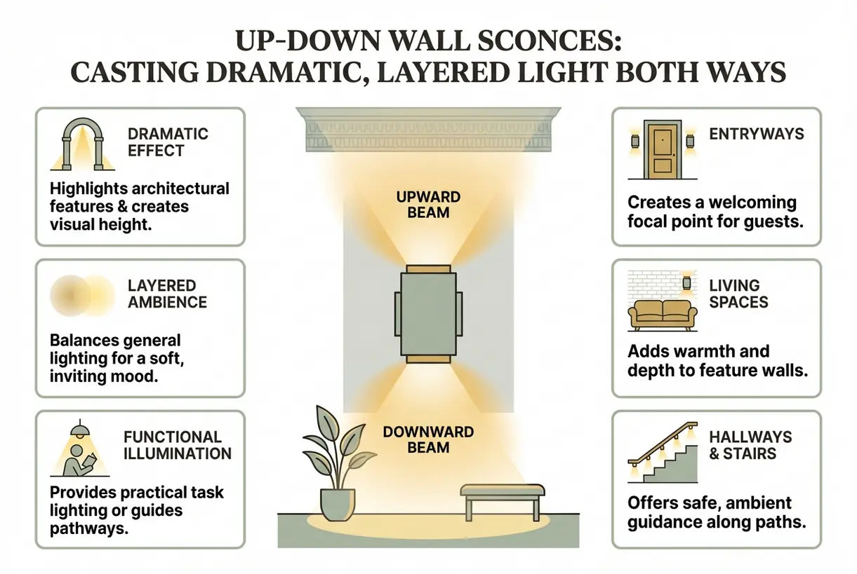 Wandlampen met licht naar boven en beneden: armaturen die licht in twee richtingen werpen voor een dramatische, gelaagde sfeer - infographic
