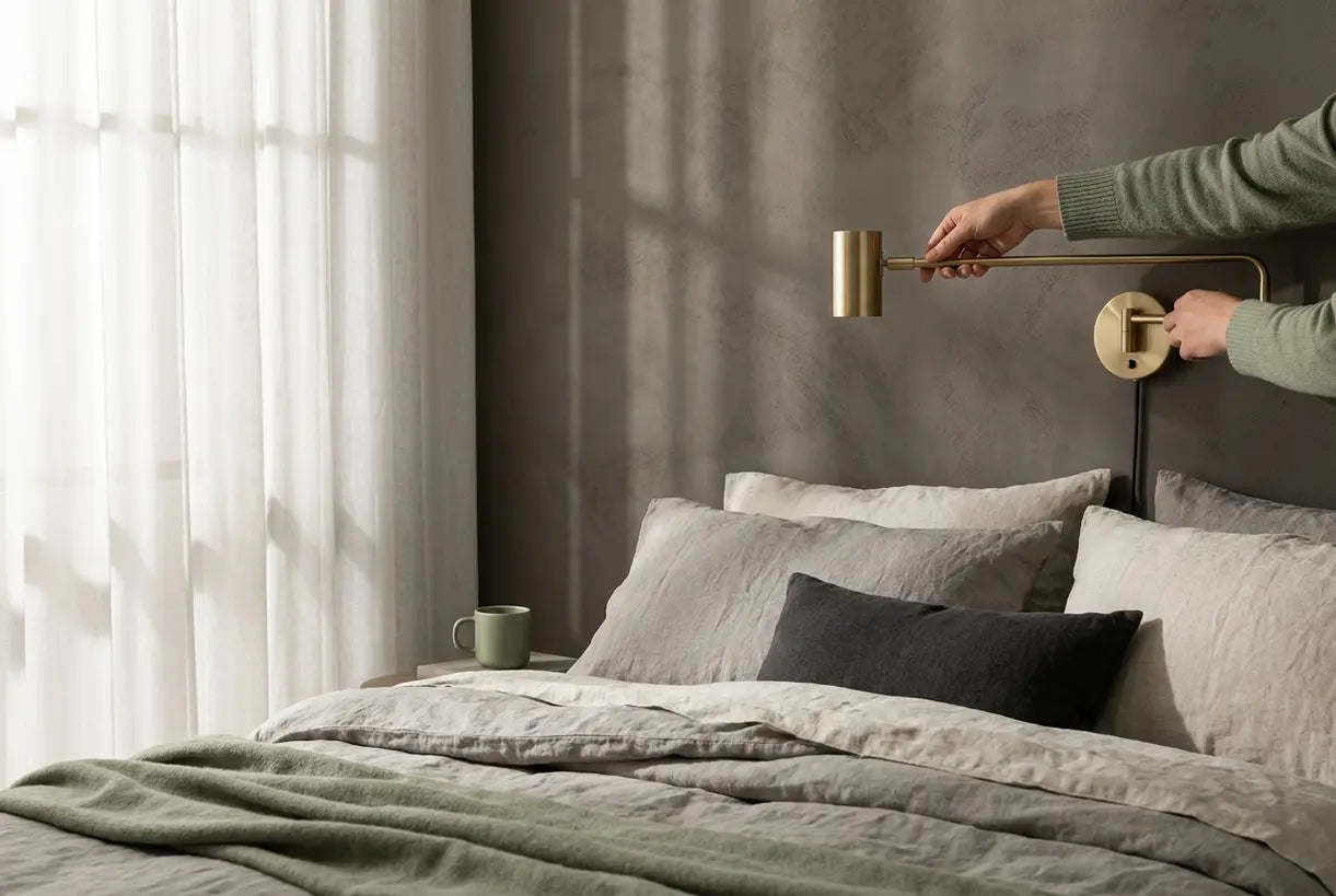 Person adjusting modern Scandinavian wall sconce in contemporary bedroom setting