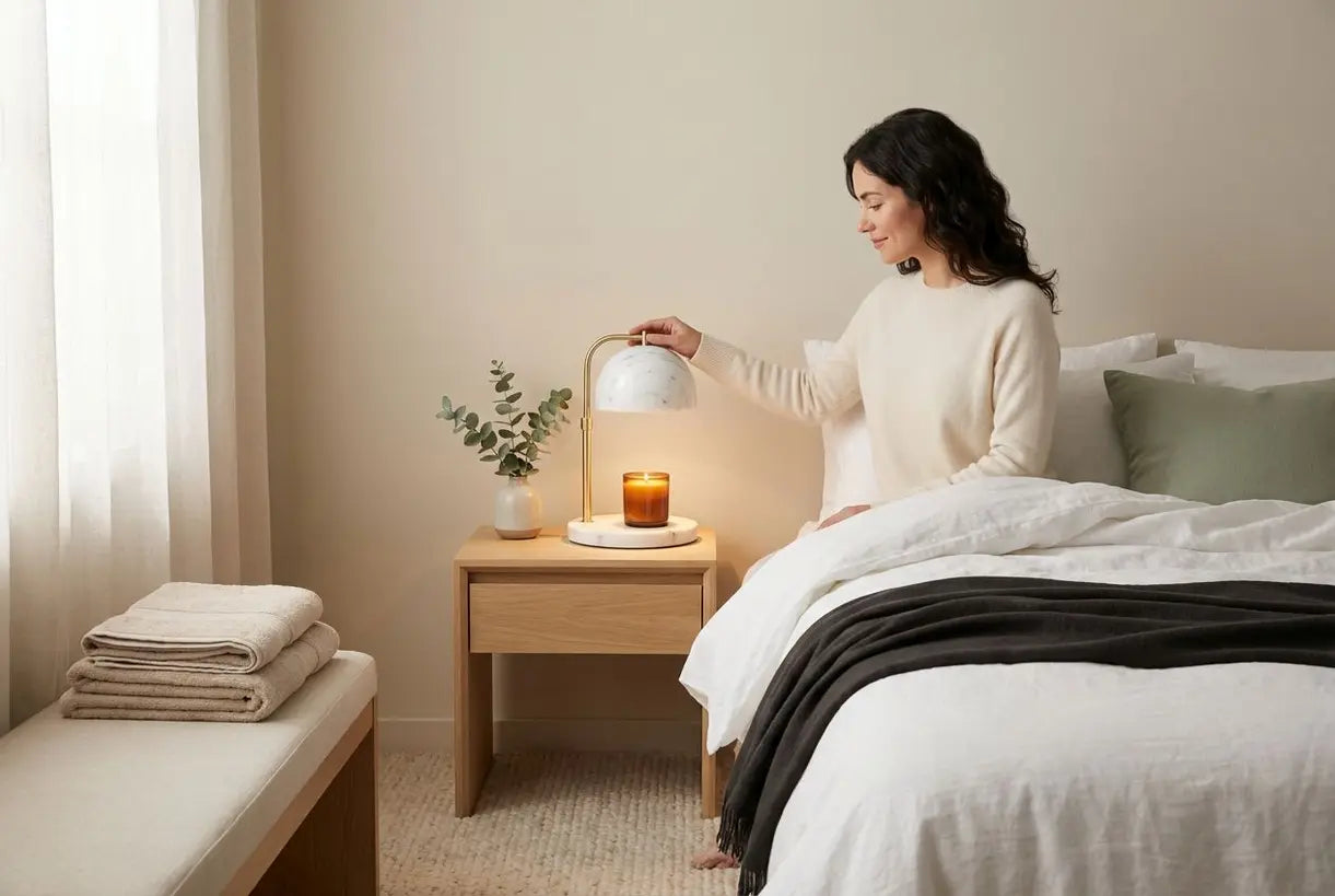 Marmeren kaarsenwarmerlamp creëert een spa-ambiance in een elegante Scandinavische slaapkameromgeving