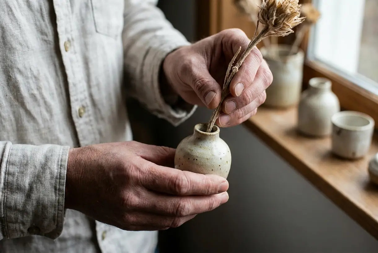 Handen die een gedroogde bloem in een kleine keramische knopvaas stylen