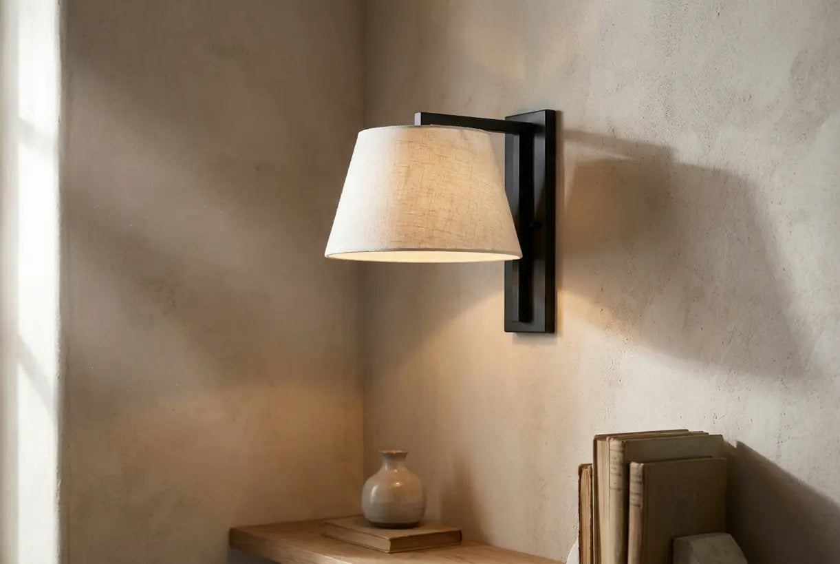 Scandinavische hoekwandlamp met warm sfeerlicht op een muur met textuur