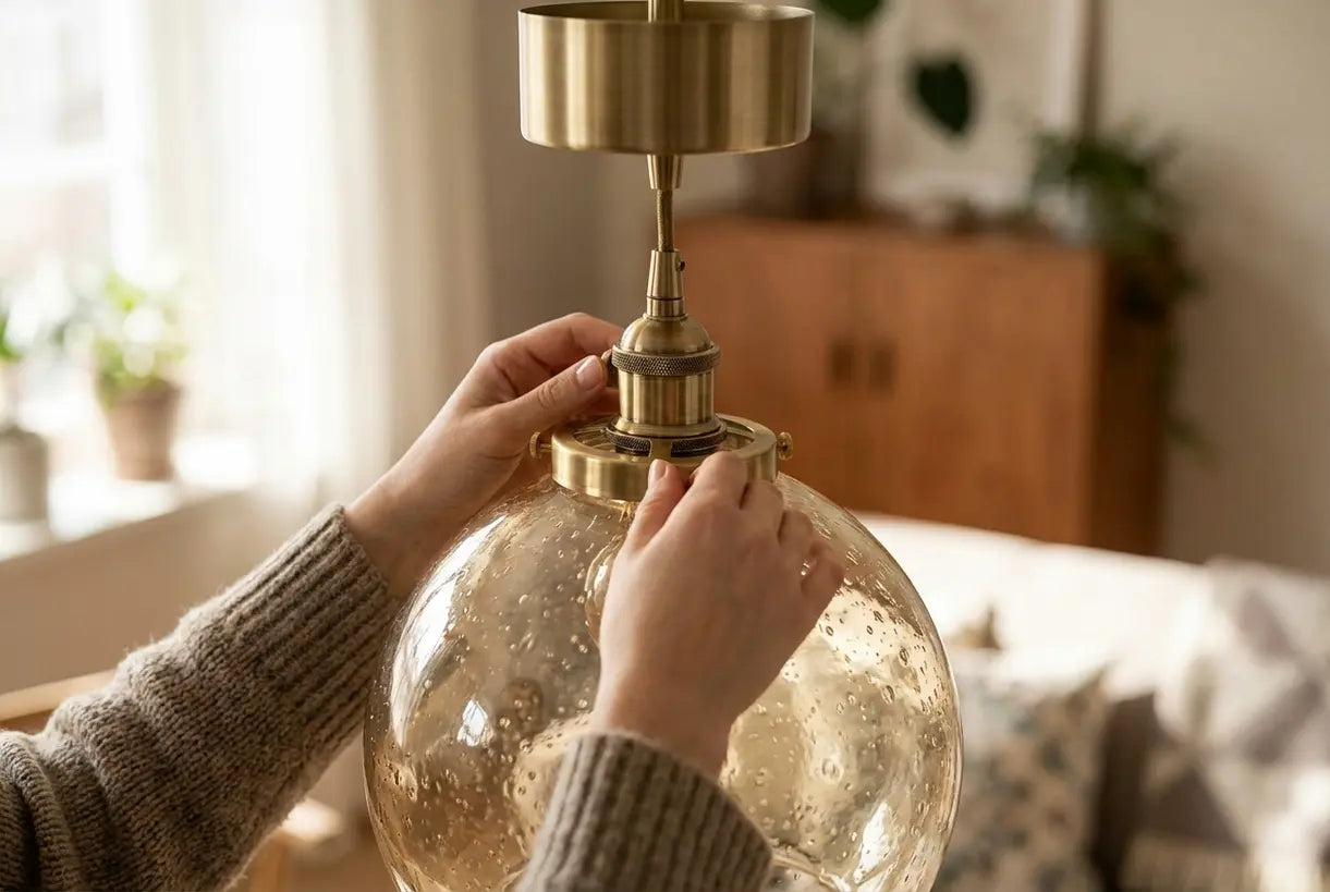 Hands adjusting handcrafted glass globe pendant light with brass hardware