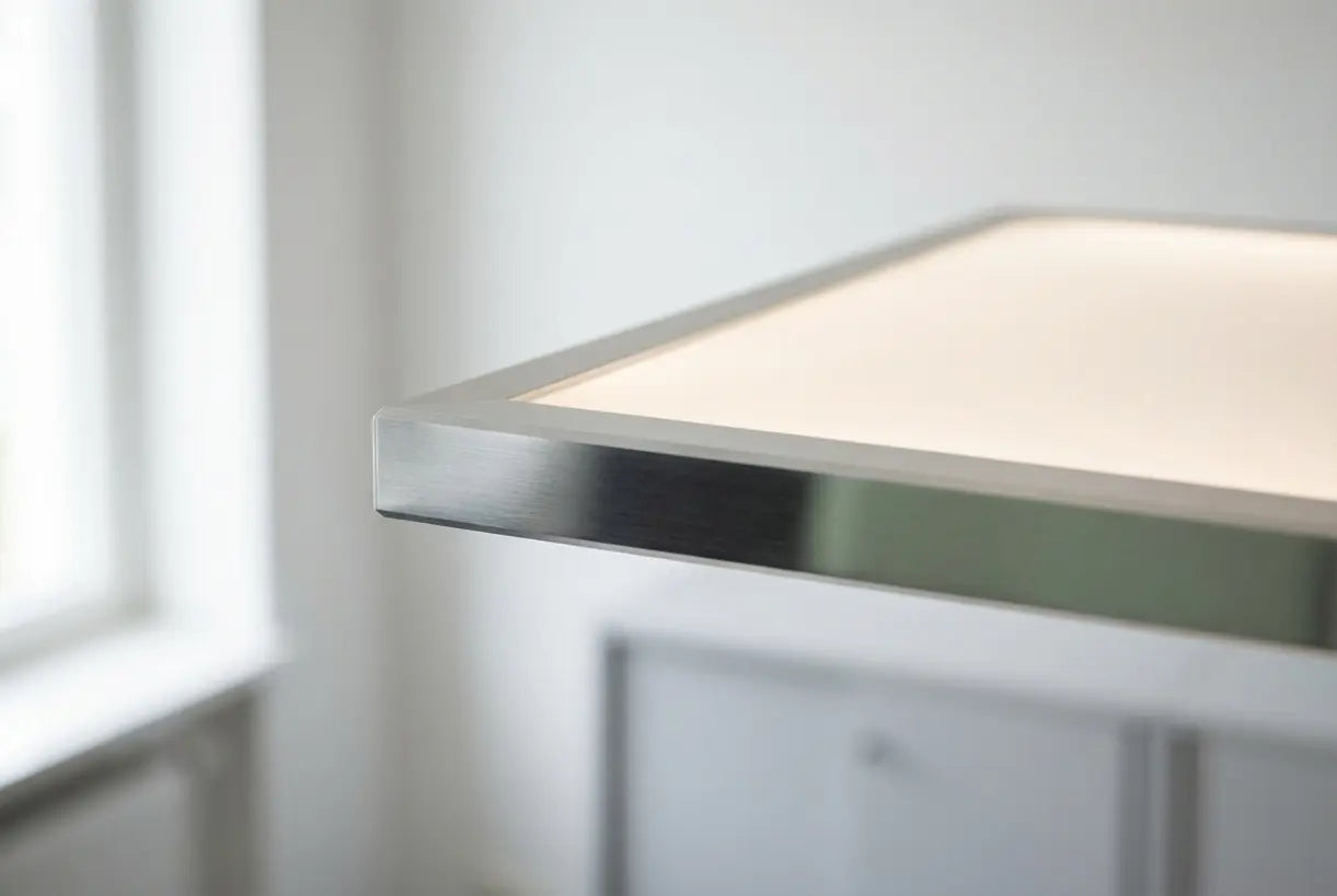 Detail van de rand van een LED-plafondlichtpaneel met slank profiel en zachte gloed