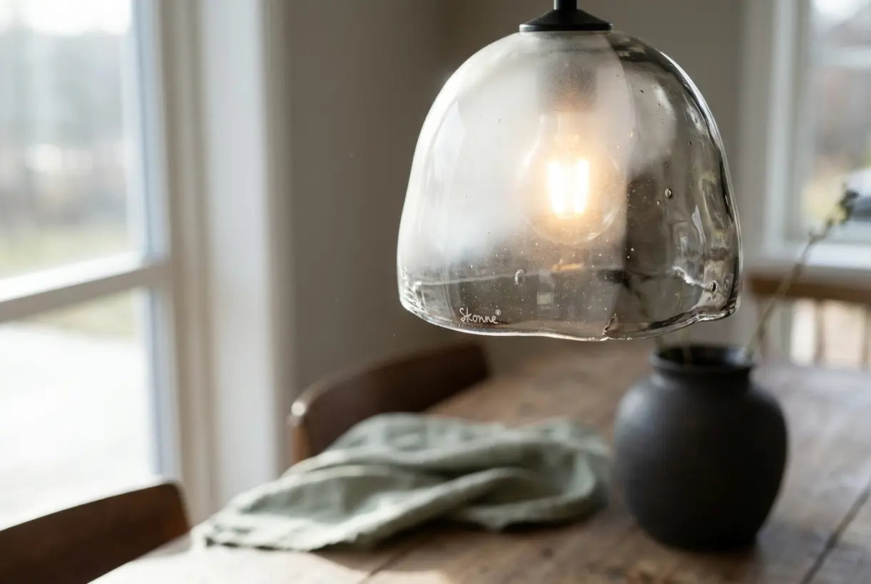 Detail van mondgeblazen glazen hanglamp met matte textuur voor eetkamerverlichting