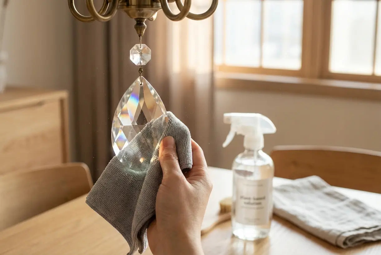 Close-up of hands cleaning crystal chandelier prism with microfiber cloth using proper chandelier cleaner technique