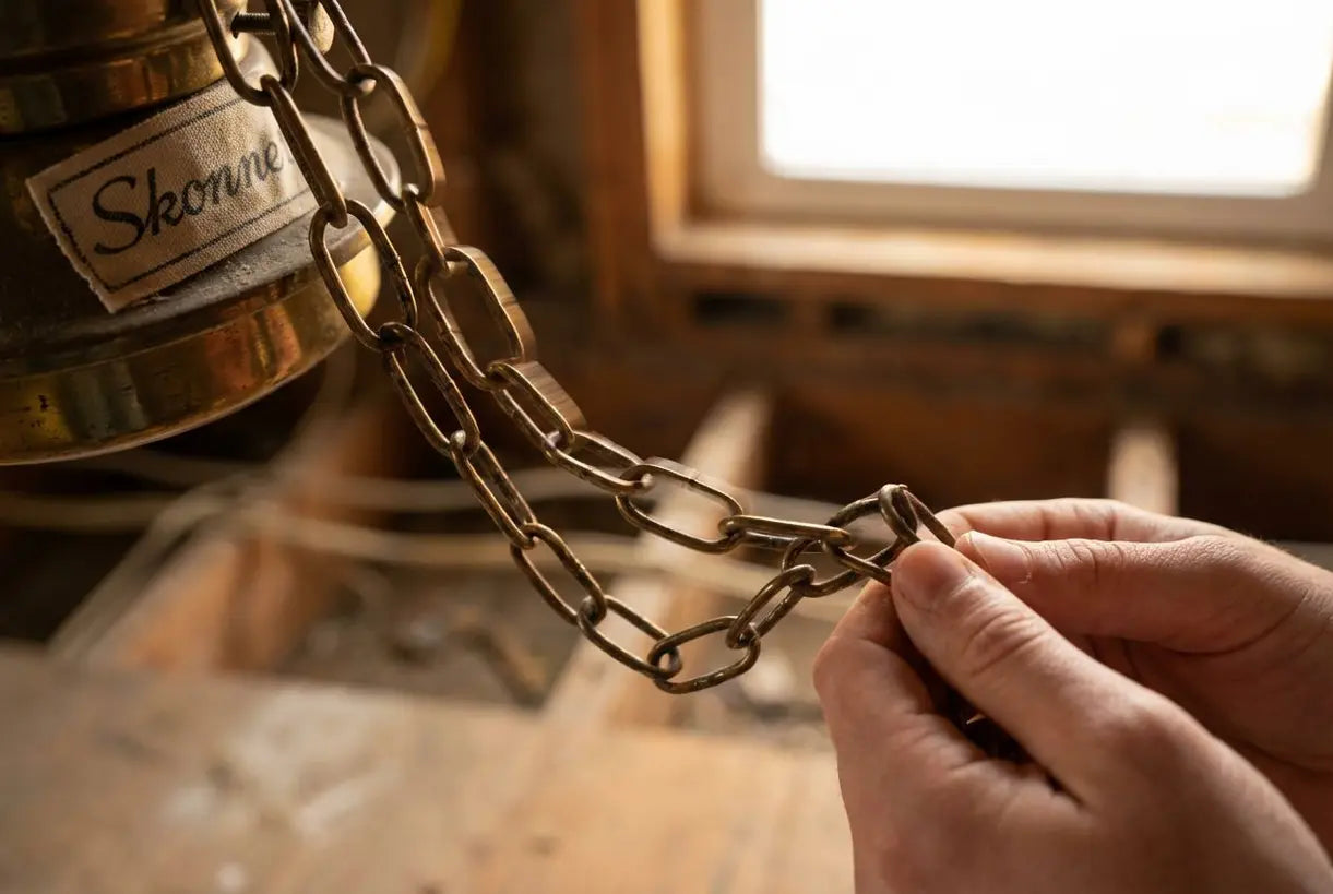 Detail van vintage messing plafondlamp met trekschakelaar, met kettingmechanisme en handen