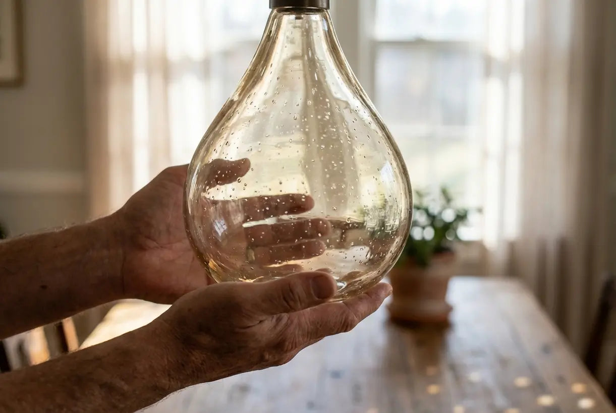Ambachtsman die druppelvormige glazen hanglampenkap vasthoudt, met de handgeblazen textuur