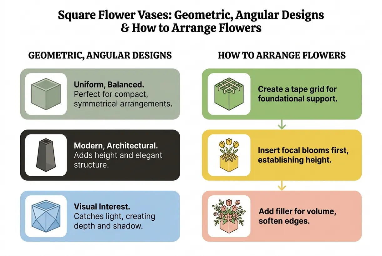 Vierkante bloemenvazen: Geometrische, hoekige ontwerpen & Hoe bloemen erin te schikken - infographic