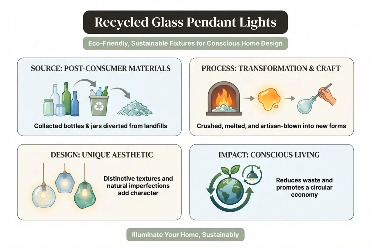 Hanglampen van gerecycled glas: milieuvriendelijke, duurzame armaturen voor een bewuste huisinrichting - infographic
