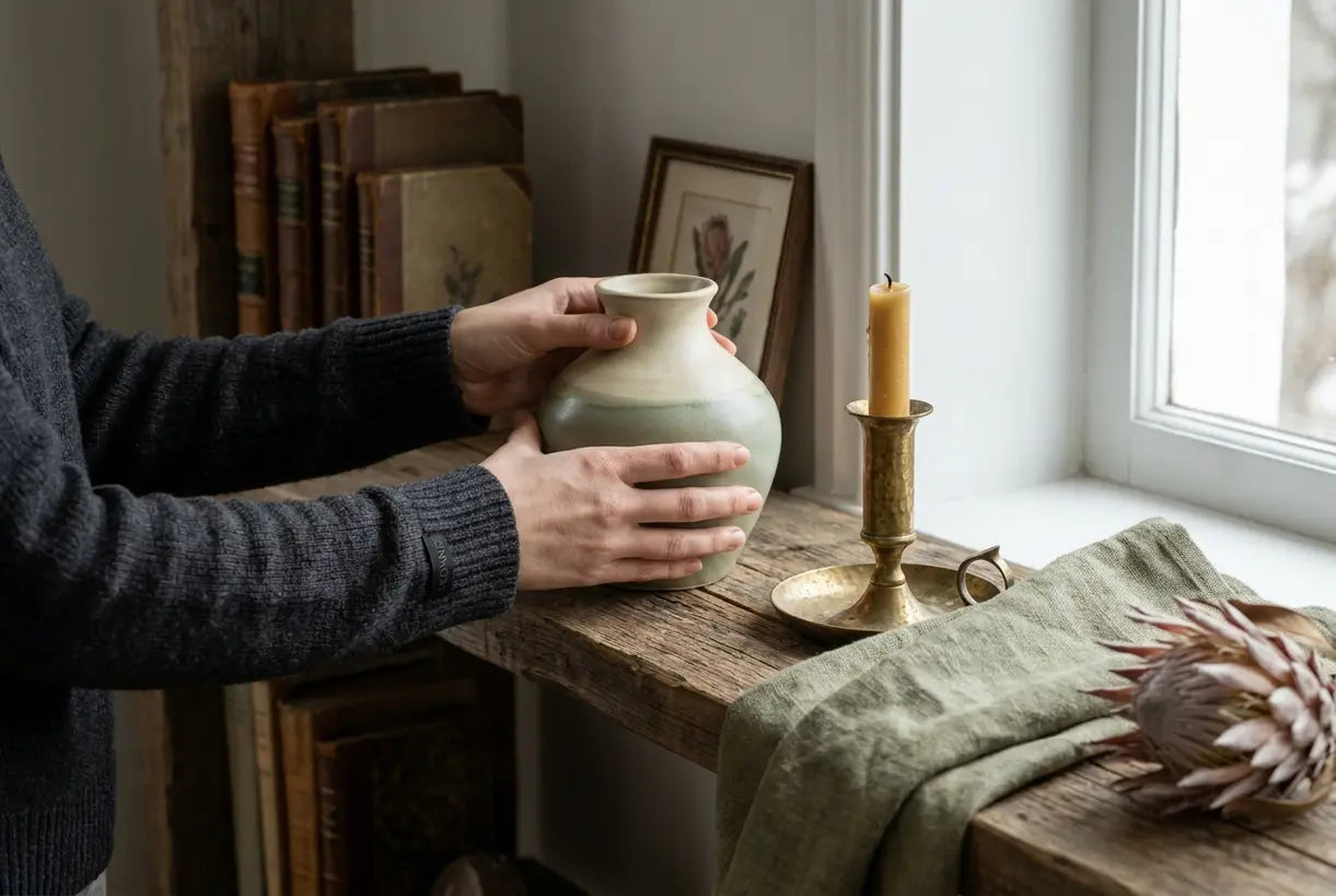 Hands arranging eclectic home decor objects including ceramic vase and brass candleholder