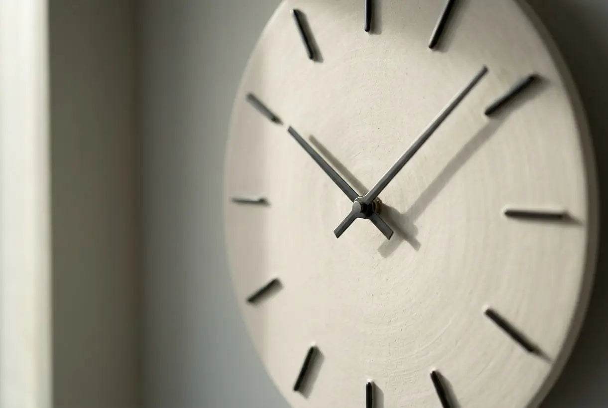 Nahaufnahme einer minimalistischen Wanduhr mit klarem Zifferblatt