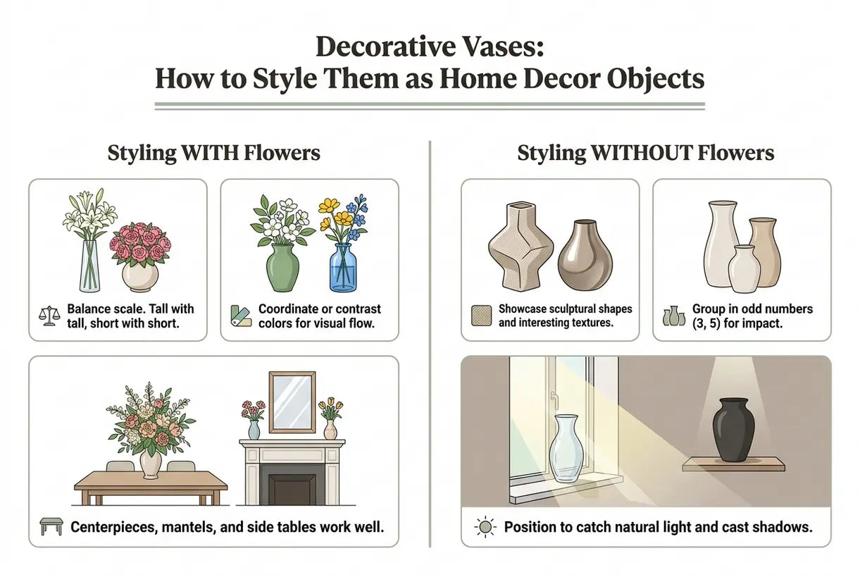 Dekorative Vasen: Wie man sie als Wohnaccessoires stilisiert (mit oder ohne Blumen) - Infografik