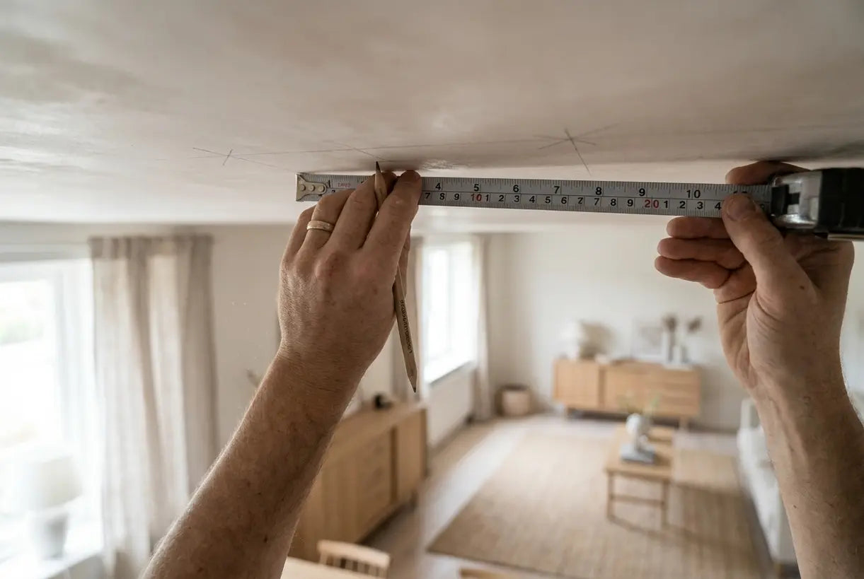 Hands measuring ceiling for living room recessed lighting layout with tape measure