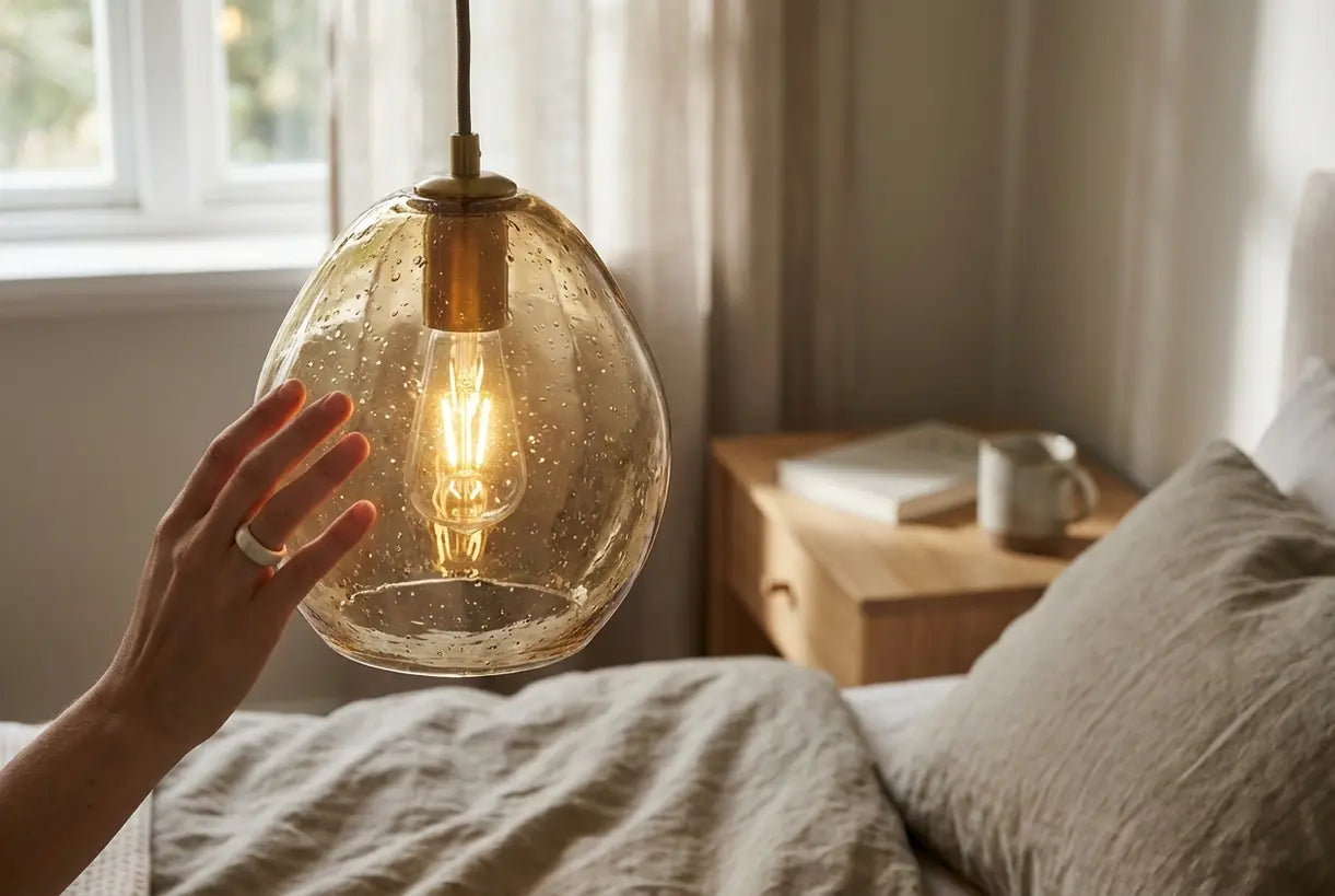 Hand-blown glass bedroom pendant light with warm LED glow hanging bedside