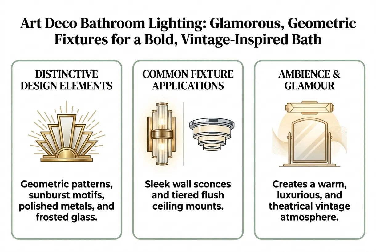 Art Deco Bathroom Lighting: Glamorous, Geometric Fixtures for a Bold, Vintage-Inspired Bath - infographic