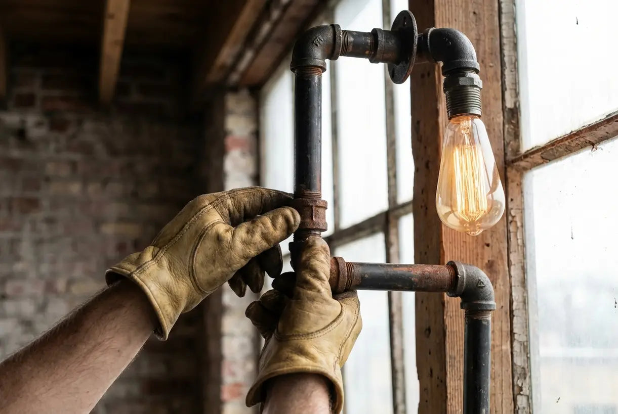 Close-up van de installatie van een industriële ijzeren wandlamp met werkhandschoenen