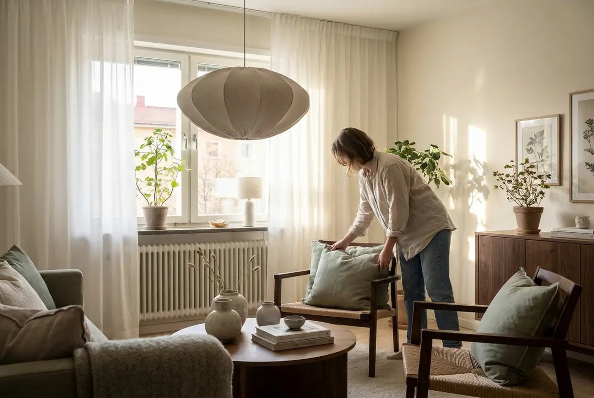 Scandinavian interior design living room with natural lighting and curated decor