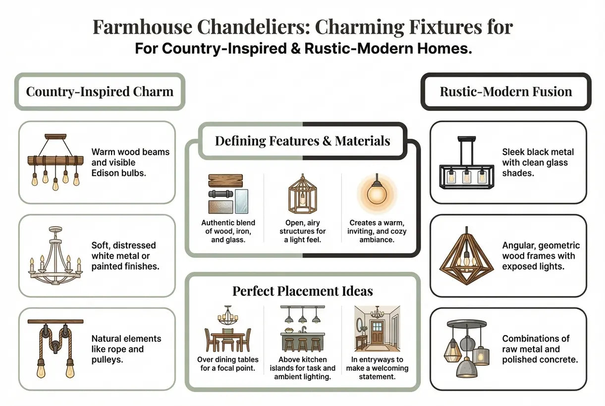Farmhouse Kroonluchters: Charmante Armaturen voor Landelijk Geïnspireerde & Rustiek-Moderne Huizen - infographic