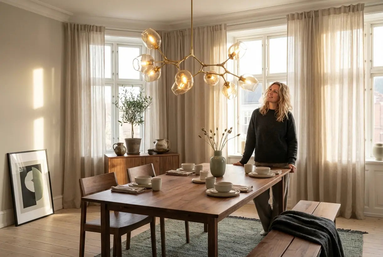 Scandinavische eetkamer met elegante messing plafondkroonluchter die warme sfeerverlichting biedt