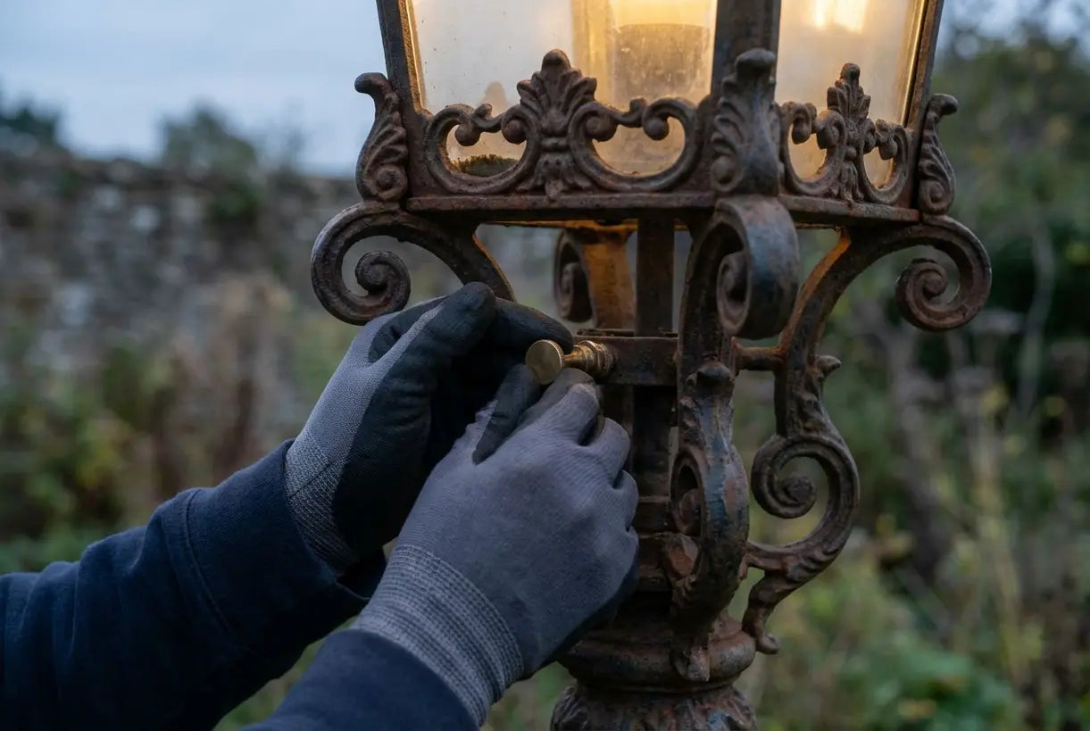 Victoriaanse buitenlamp met sierlijk gegoten ijzeren krulwerk dat door huiseigenaar wordt versteld