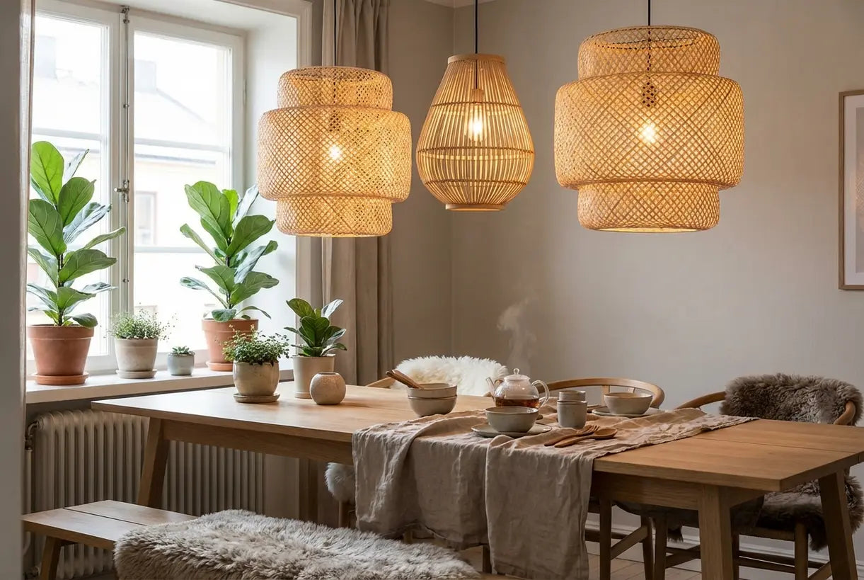 Scandinavian dining room with bamboo pendant lights and natural decor