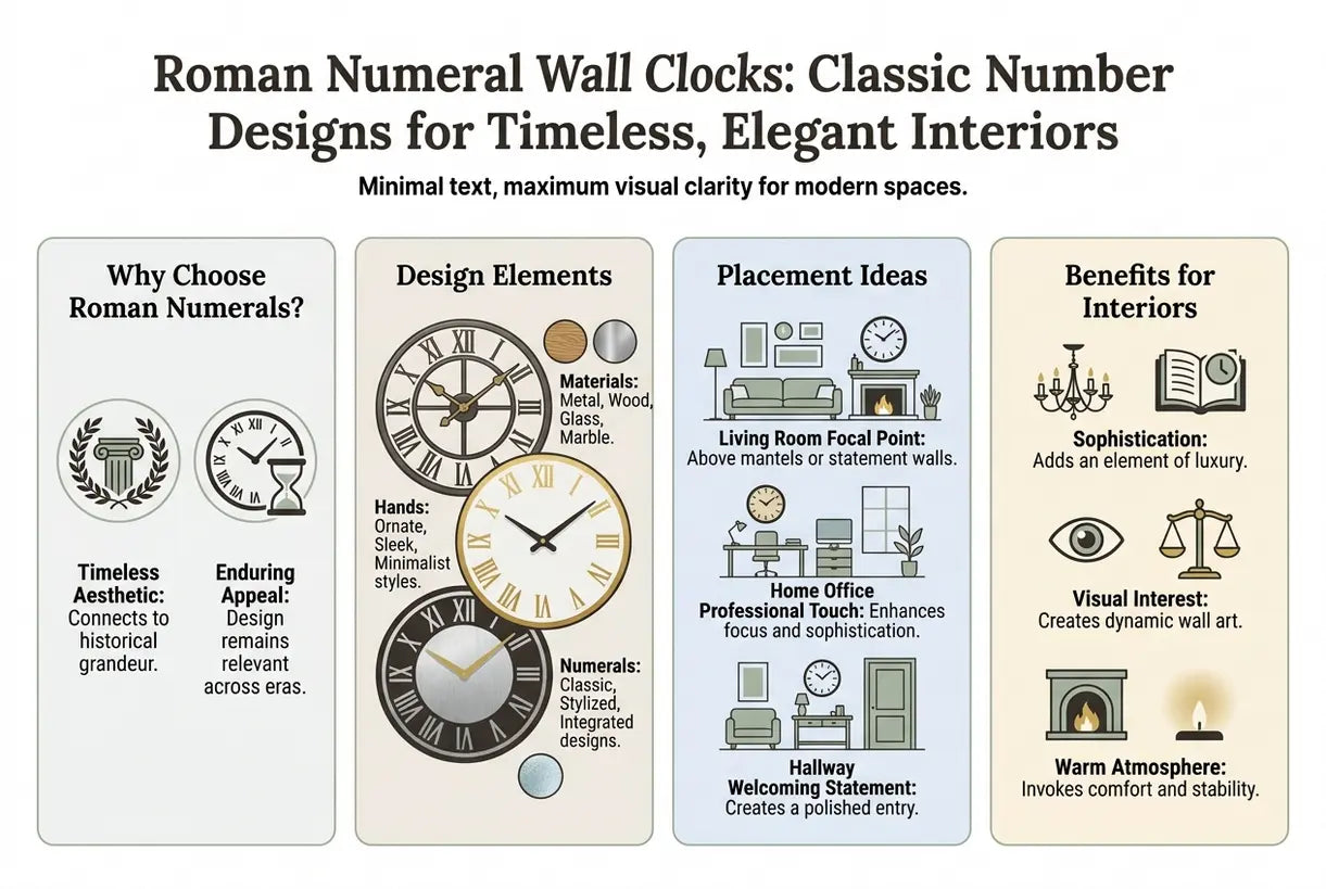 Roman Numeral Wall Clocks: Classic Number Designs for Timeless, Elegant Interiors - infographic