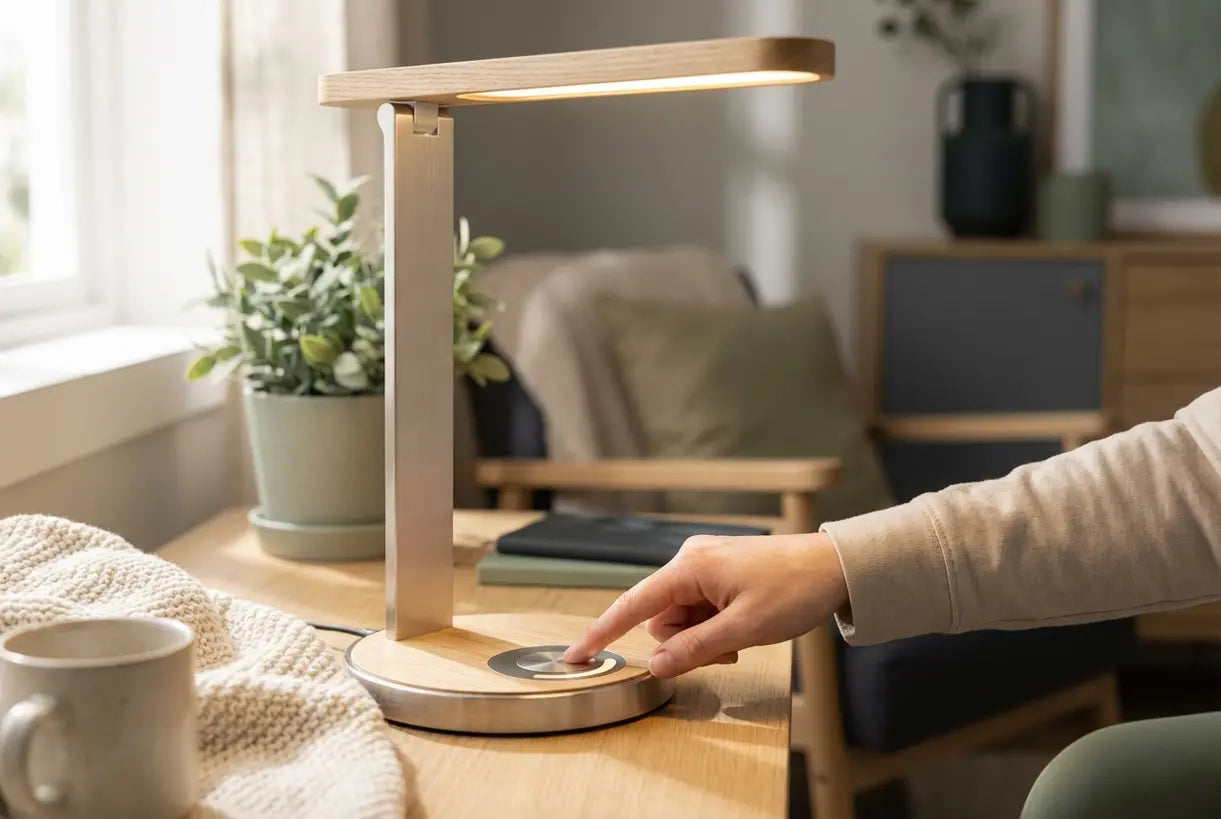 Hand regelt de helderheid van een led-bureaulamp