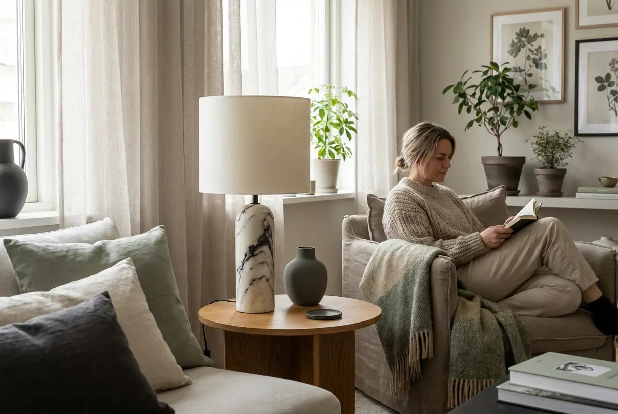 Scandinavische woonkamerhoek met sculpturale marmeren tafellamp op eiken bijzettafel die een hygge-sfeer creëert
