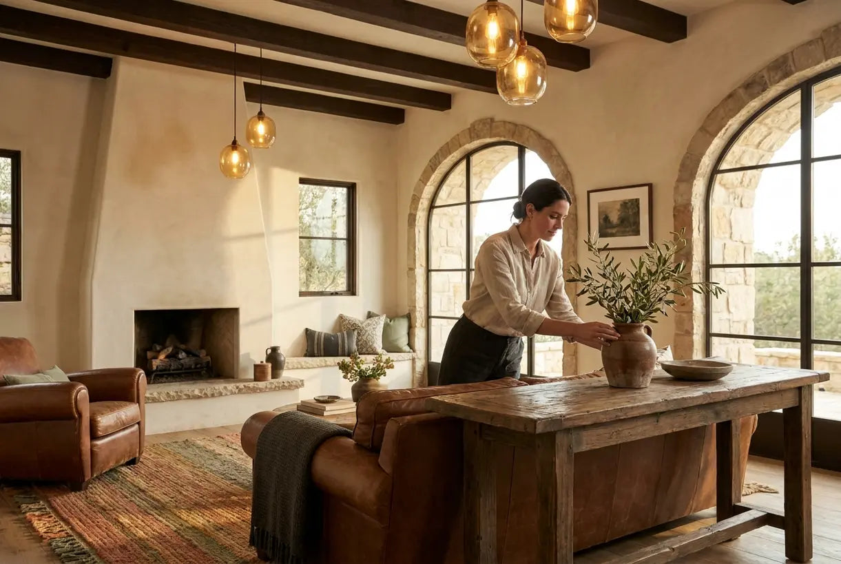 Tuscan inspired living room Mediterranean decor warm lighting rustic italian interior
