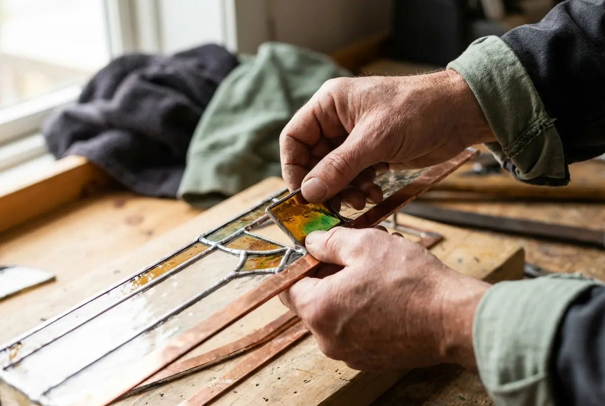 Close-up van handen van een ambachtsman die kleurrijke gebrandschilderde stukken assembleert voor plafondarmaturen in Tiffany-stijl