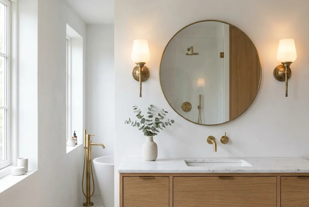 Modern bathroom with brass wall sconce lighting flanking vanity mirror