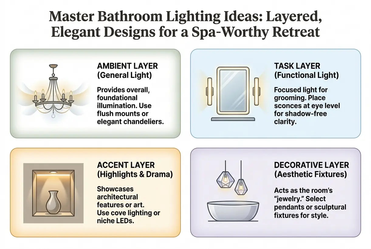 Ideeën voor verlichting in de hoofdbadkamer: Gelaagde, elegante ontwerpen voor een spa-waardig toevluchtsoord - infographic