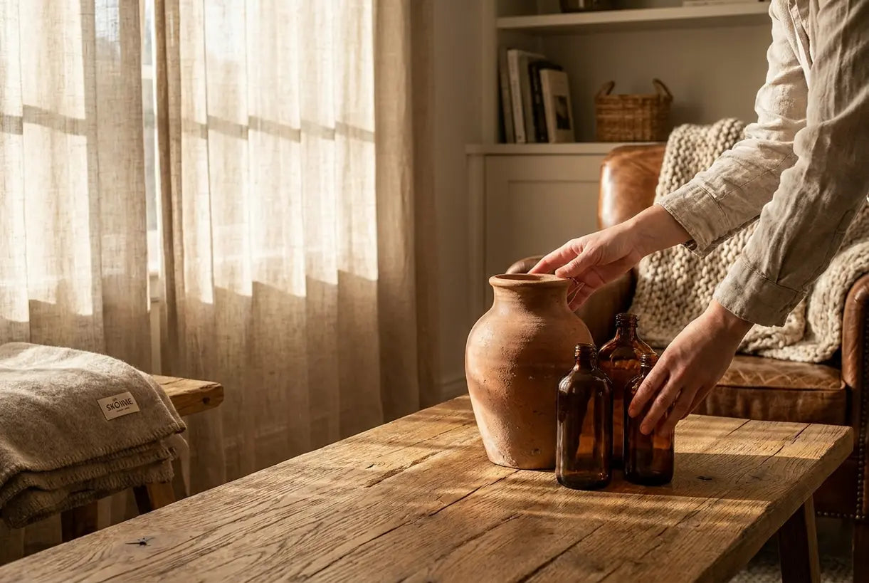 Hands arranging terracotta and amber decor objects on wood surface in warm natural light