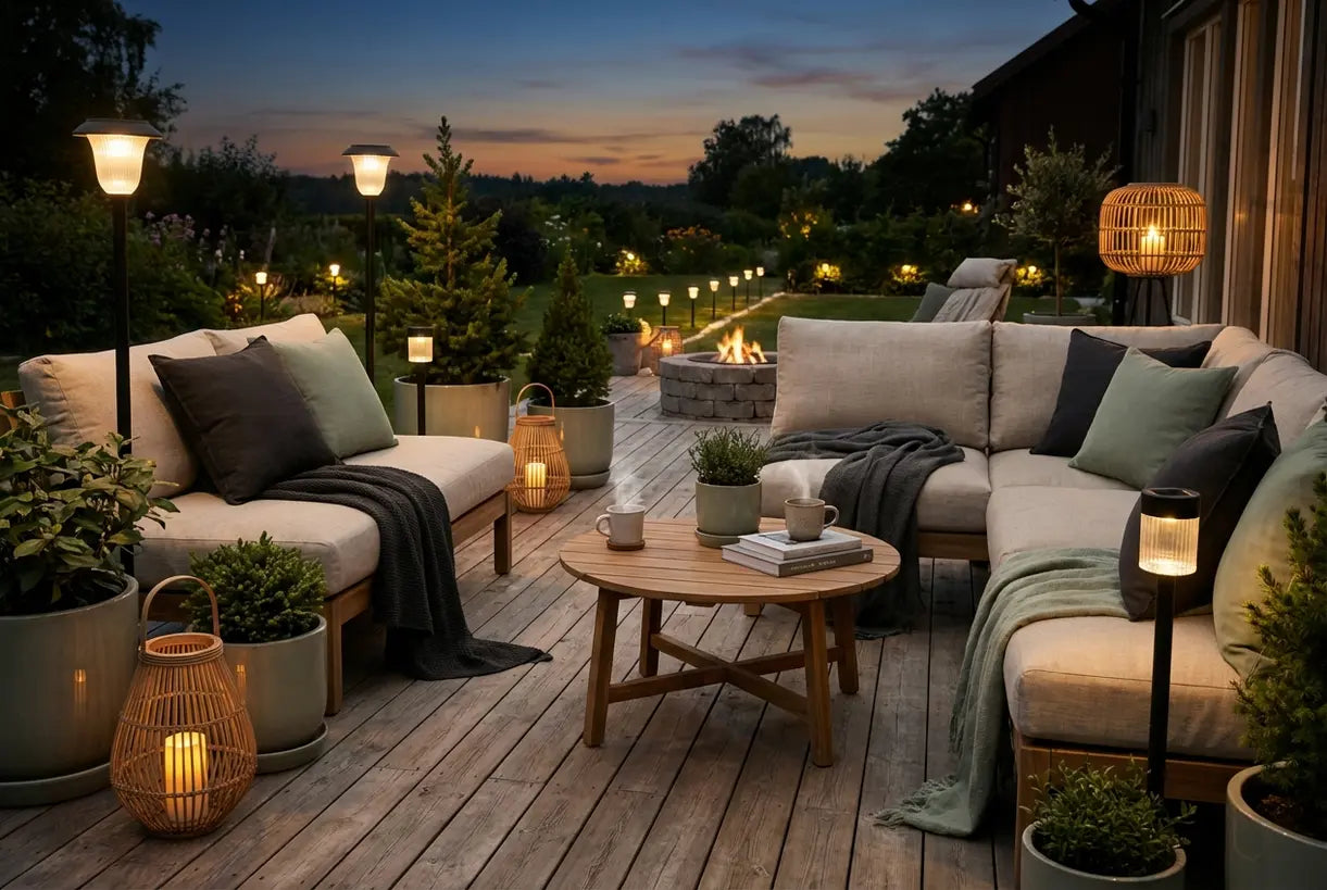 Scandinavisch terras met solarverlichting in de schemering, ideeën voor buitenverlichting
