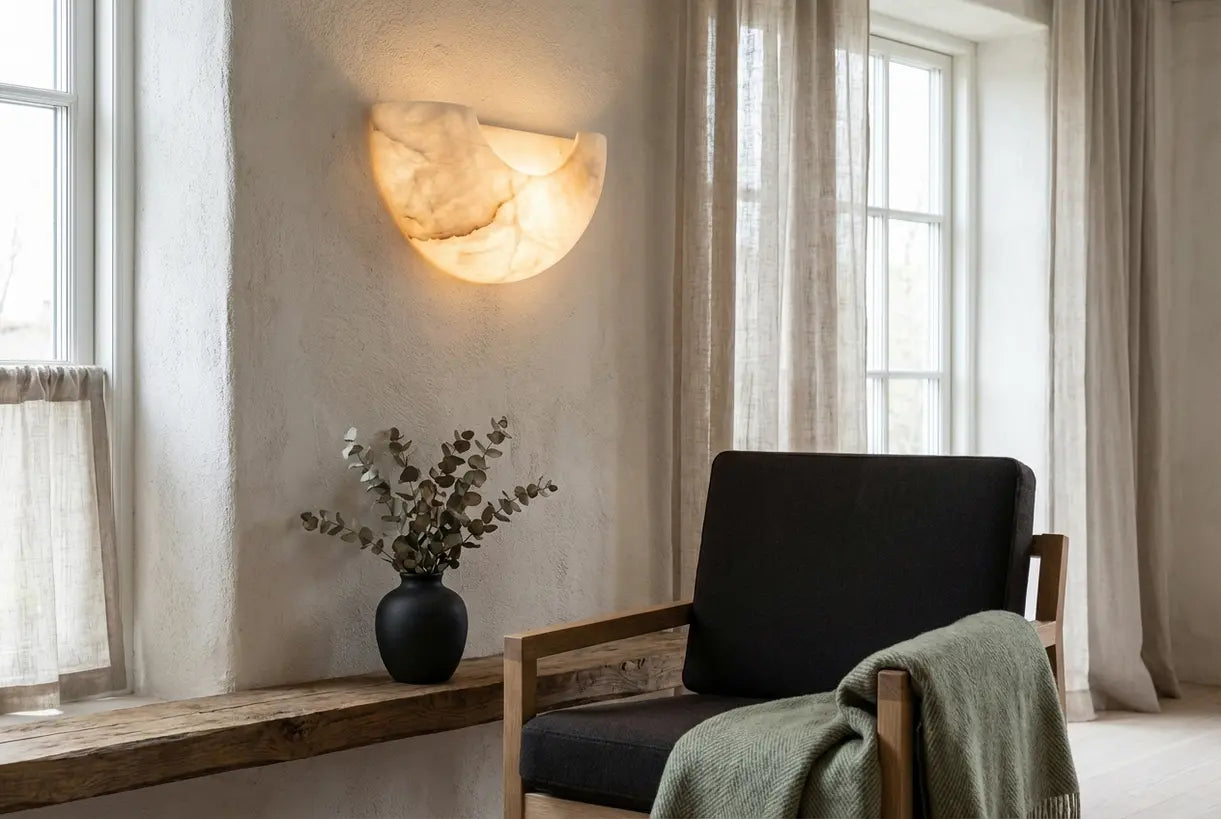 Albasten wandlamp in een Scandinavisch interieur met zacht, warm sfeerlicht