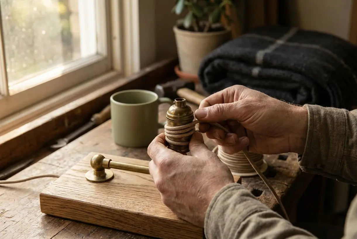 Handen bouwen een zelfgemaakte kaarsenwarmerlamp van hout en messing in natuurlijk licht