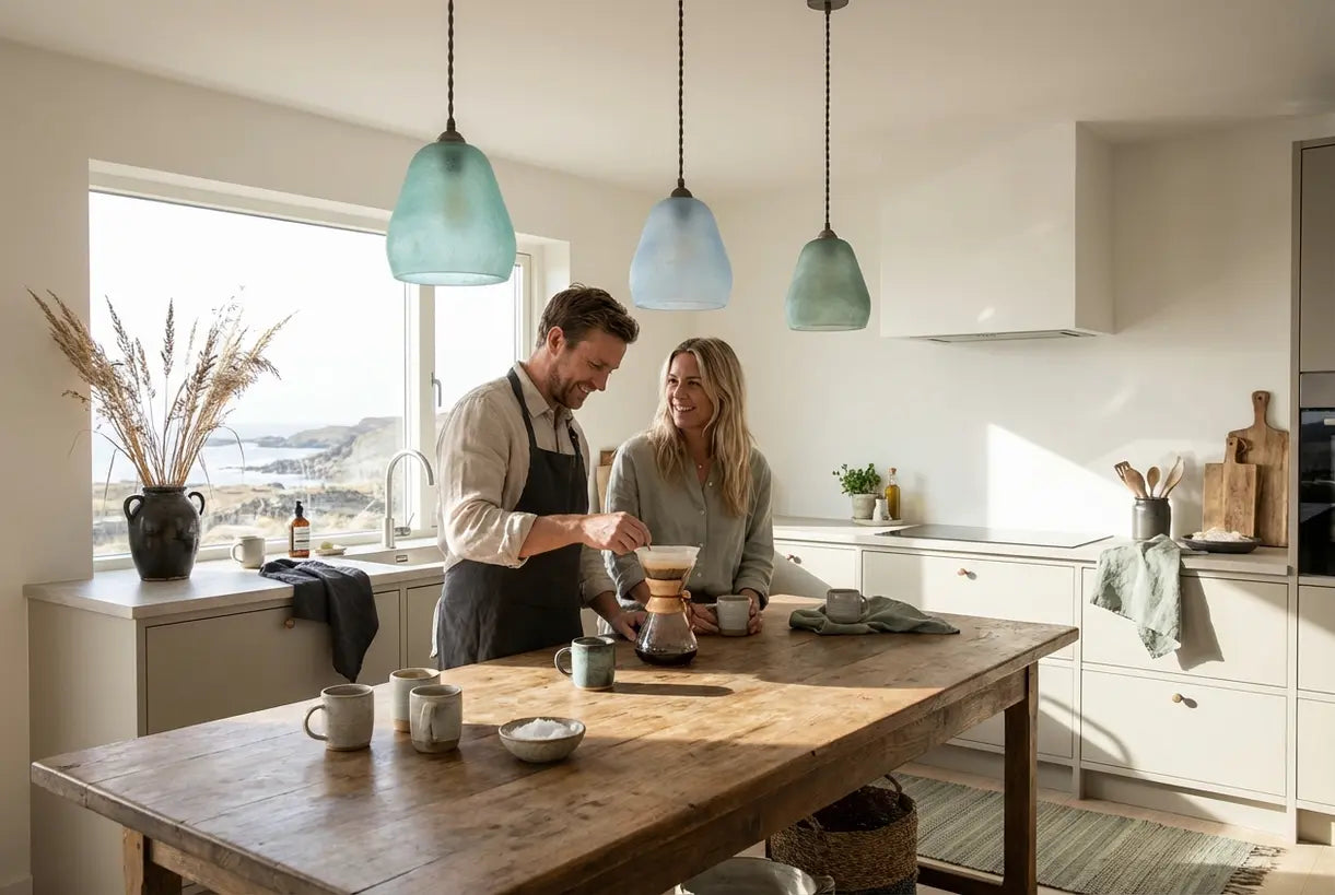 Kustkeuken met zeeglas hanglampen boven een natuurlijk houten eiland in Scandinavisch interieur