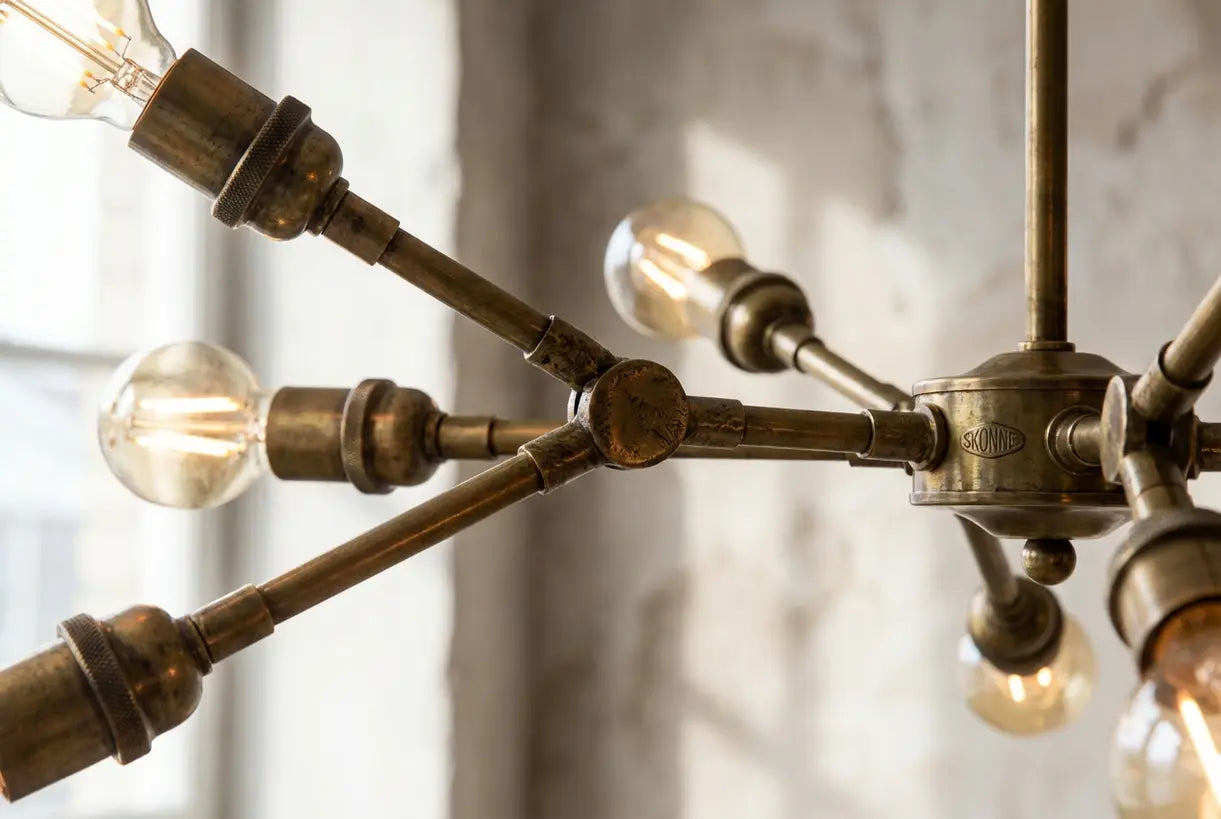 Brass sputnik chandelier arms with exposed filament bulbs showing mid-century modern craftsmanship