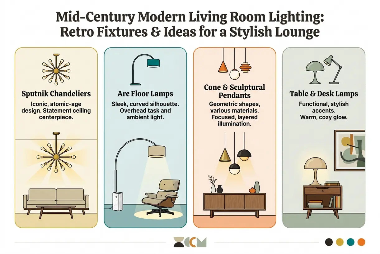 Mid-Century Modern Living Room Lighting: Retro Fixtures & Ideas for a Stylish Lounge - infographic
