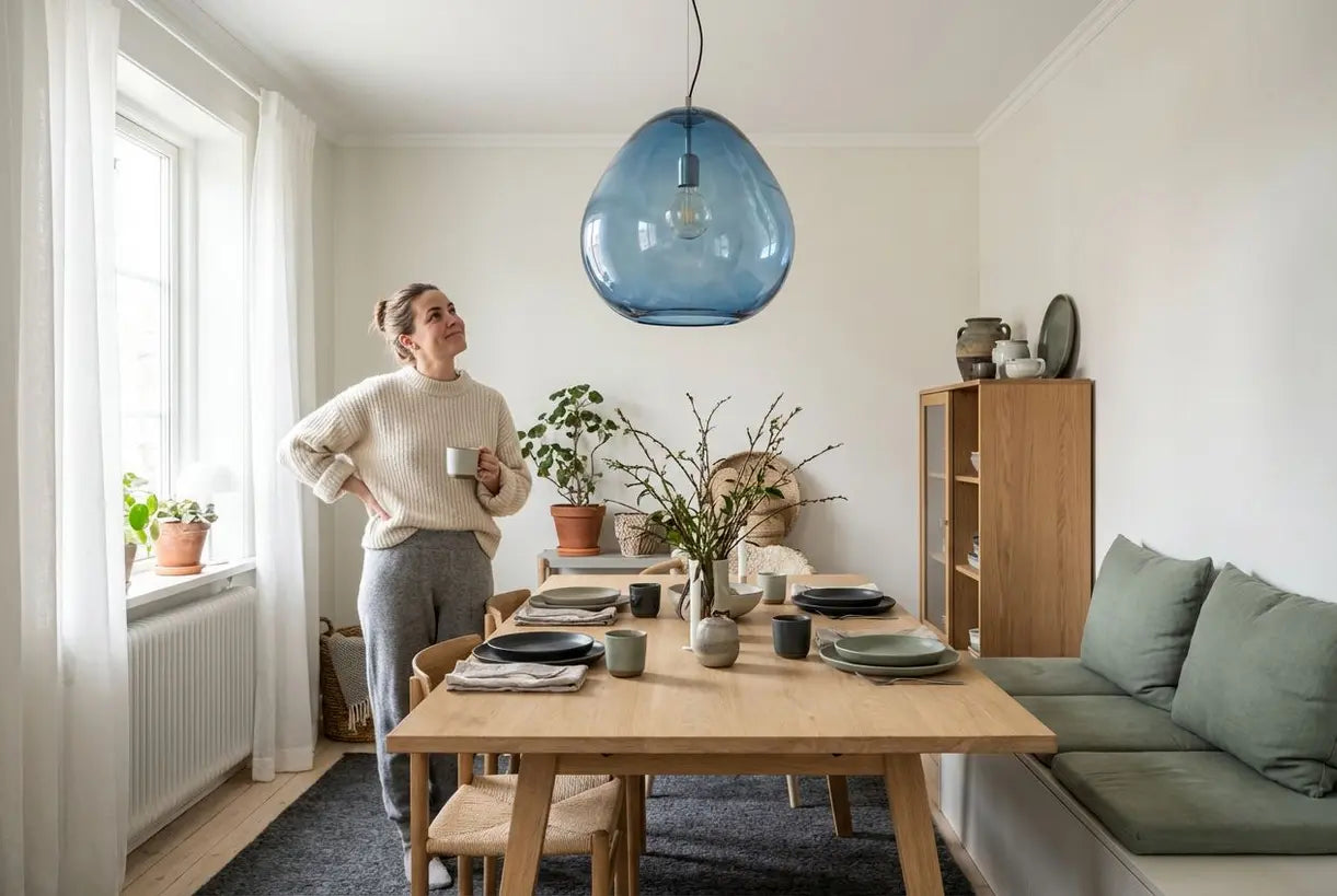 Scandinavisch eetkamerinterieur met blauwe glazen hanglamp boven een houten eettafel, natuurlijk licht dat door ramen stroomt, warme hygge-sfeer