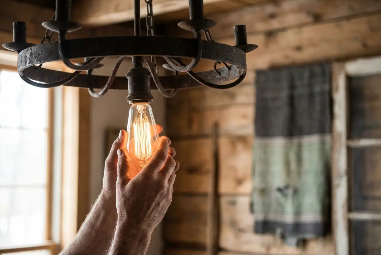 Handen installeren Edison gloeilamp in rustieke farmhouse kroonluchter met warme gloed
