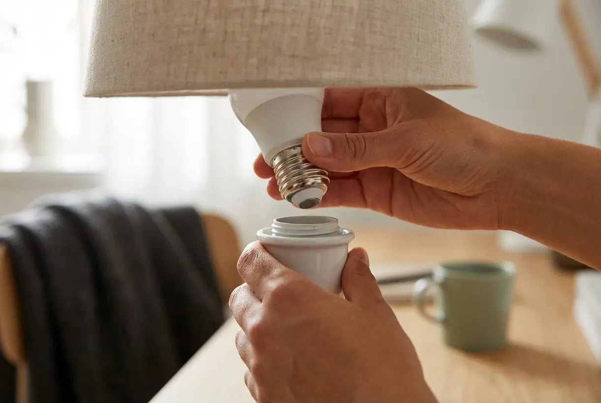 Handen die oplaadbare gloeilamp installeren voor snoerloze lampconversie