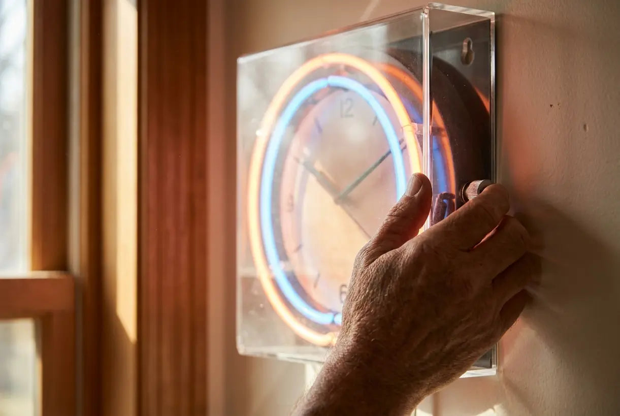 Hand adjusting glowing neon wall clock in modern Scandinavian interior